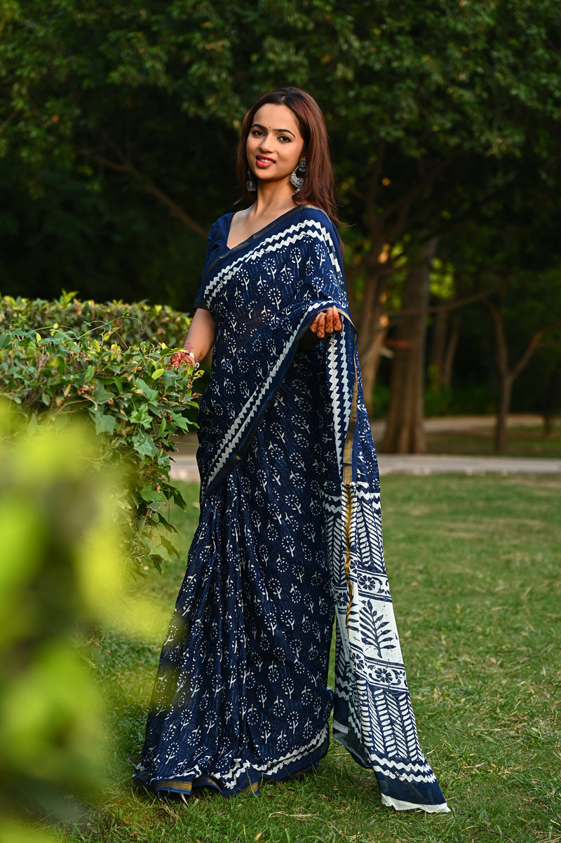 Navy Blue Floral Block Print Cotton Zari Saree