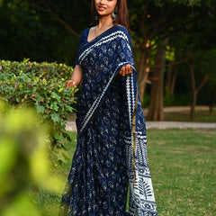 Navy Blue Floral Block Print Cotton Zari Saree
