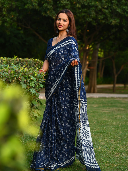 Navy Blue Floral Block Print Cotton Zari Saree