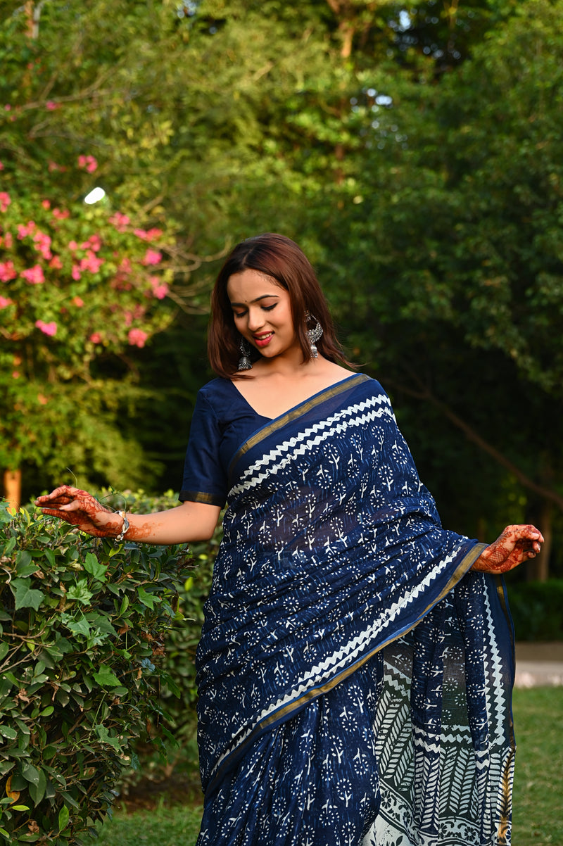 Navy Blue Floral Block Print Cotton Zari Saree