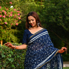 Navy Blue Floral Block Print Cotton Zari Saree