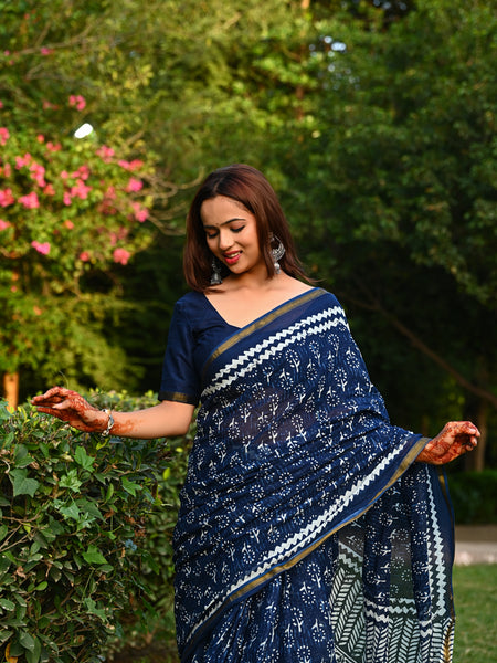 Navy Blue Floral Block Print Cotton Zari Saree