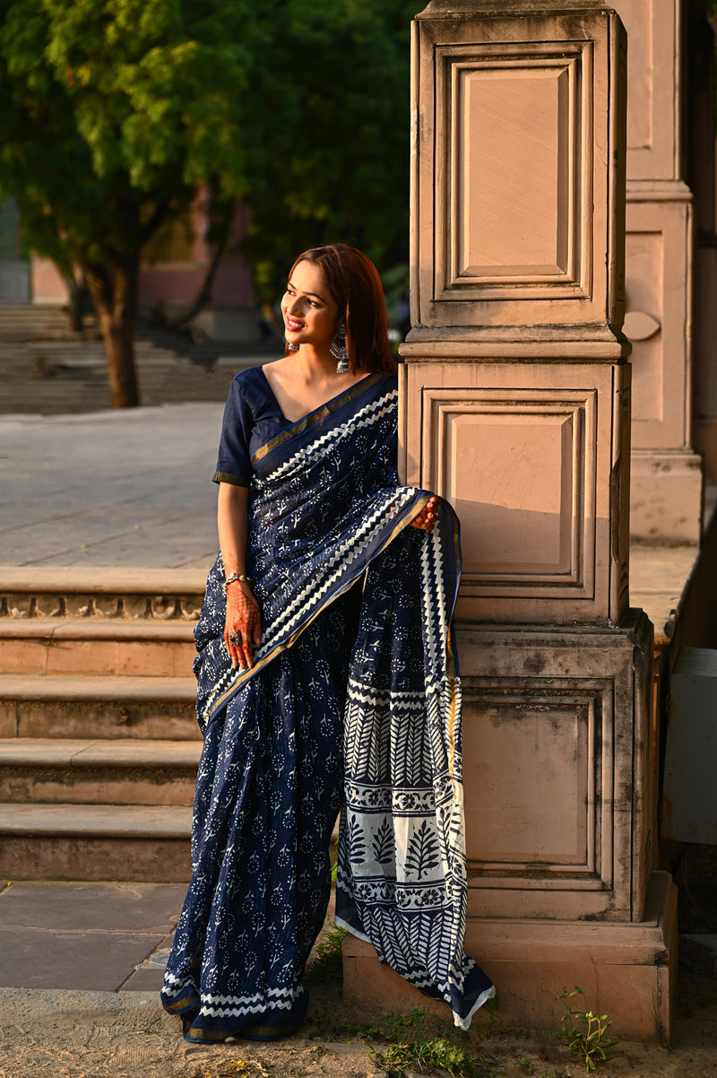 Navy Blue Floral Block Print Cotton Zari Saree