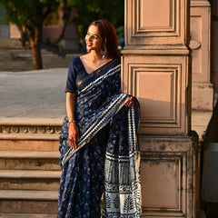 Navy Blue Floral Block Print Cotton Zari Saree