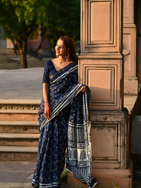 Navy Blue Floral Block Print Cotton Zari Saree