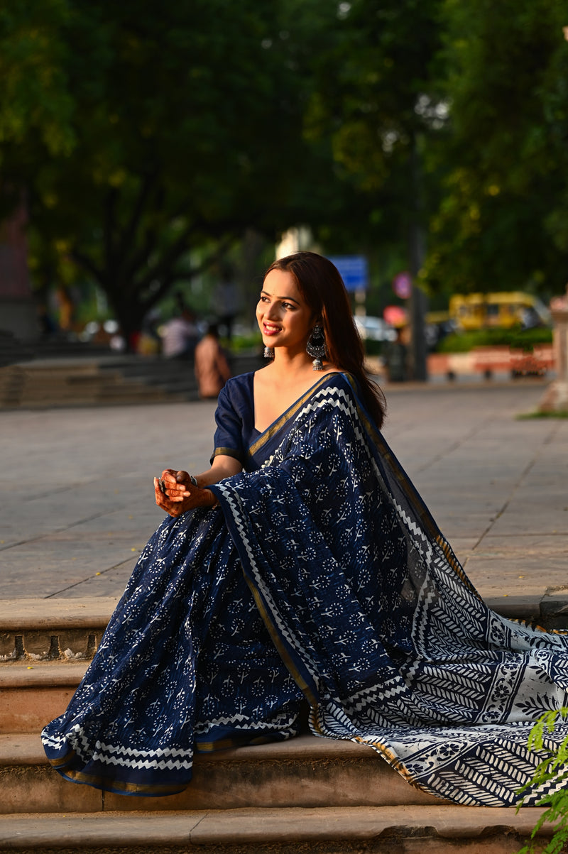 Navy Blue Floral Block Print Cotton Zari Saree