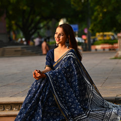 Navy Blue Floral Block Print Cotton Zari Saree