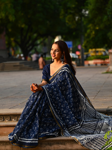 Navy Blue Floral Block Print Cotton Zari Saree