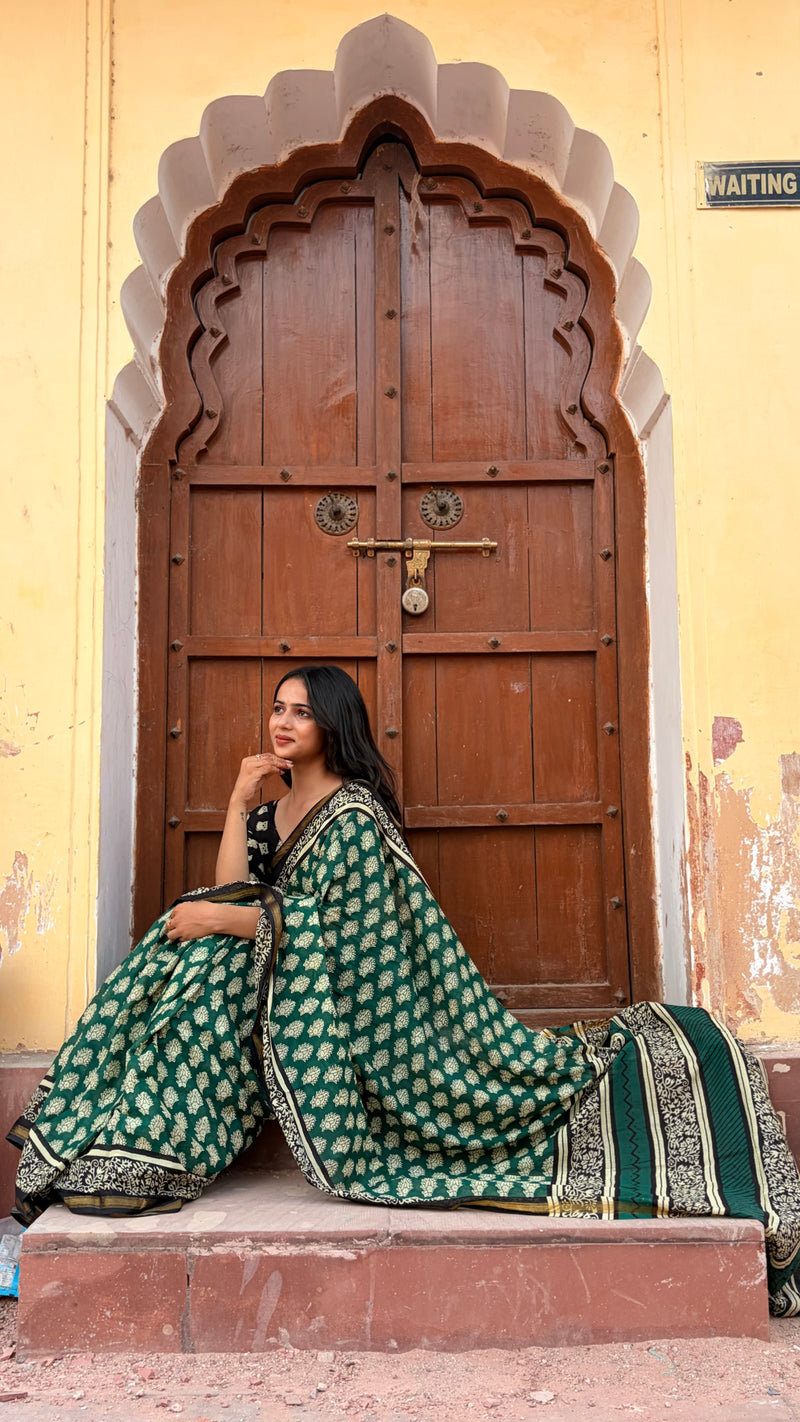 Green Owl Print MulMul Saree with Zari Border