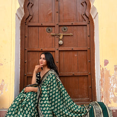 Green Owl Print MulMul Saree with Zari Border