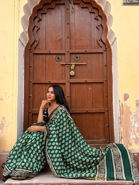 Green Owl Print MulMul Saree with Zari Border