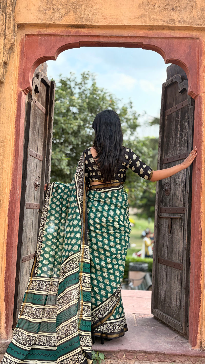 Green Owl Print MulMul Saree with Zari Border