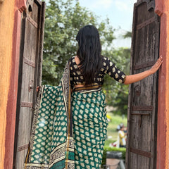 Green Owl Print MulMul Saree with Zari Border