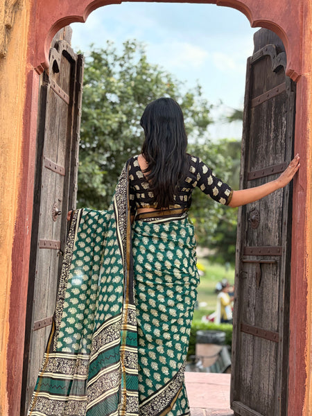 Green Owl Print MulMul Saree with Zari Border