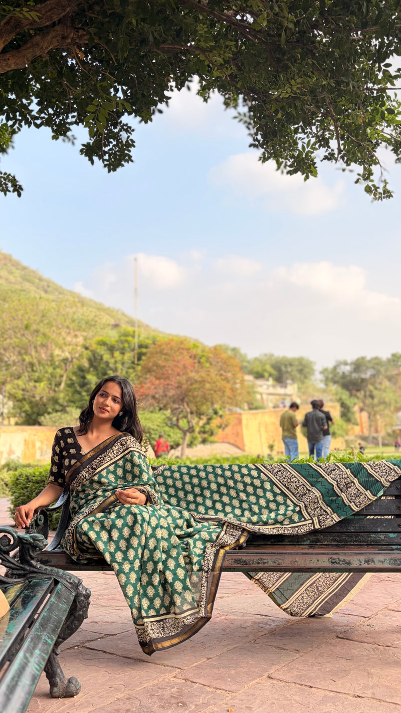Green Owl Print MulMul Saree with Zari Border