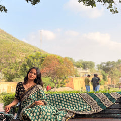 Green Owl Print MulMul Saree with Zari Border
