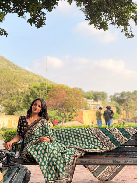 Green Owl Print MulMul Saree with Zari Border