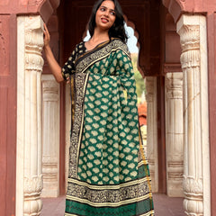 Green Owl Print MulMul Saree with Zari Border