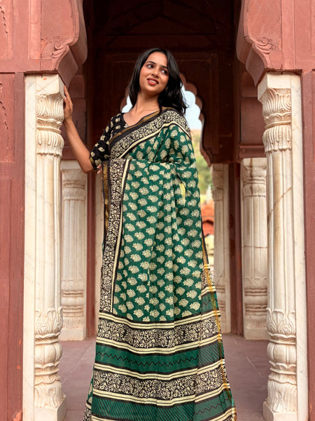 Green Owl Print MulMul Saree with Zari Border