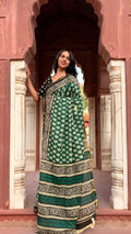 Green Owl Print MulMul Saree with Zari Border