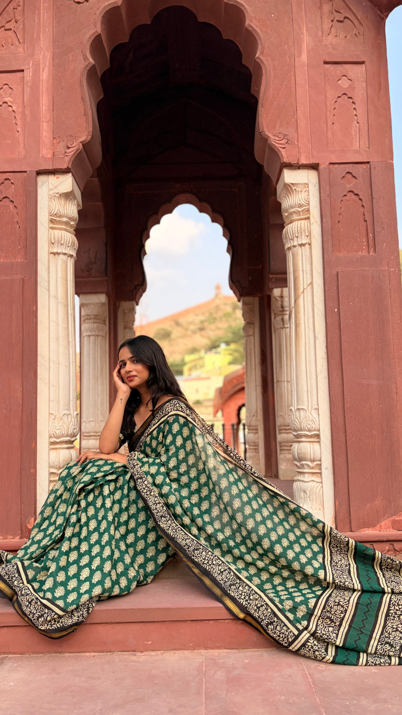 Green Owl Print MulMul Saree with Zari Border