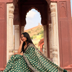 Green Owl Print MulMul Saree with Zari Border