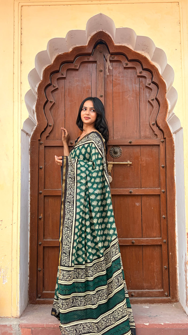 Green Owl Print MulMul Saree with Zari Border
