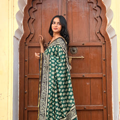 Green Owl Print MulMul Saree with Zari Border
