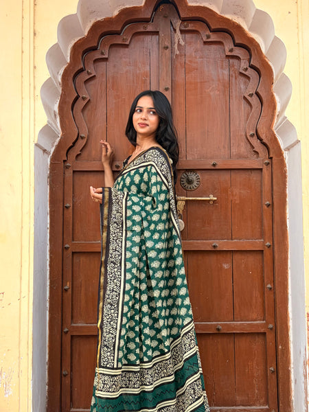 Green Owl Print MulMul Saree with Zari Border