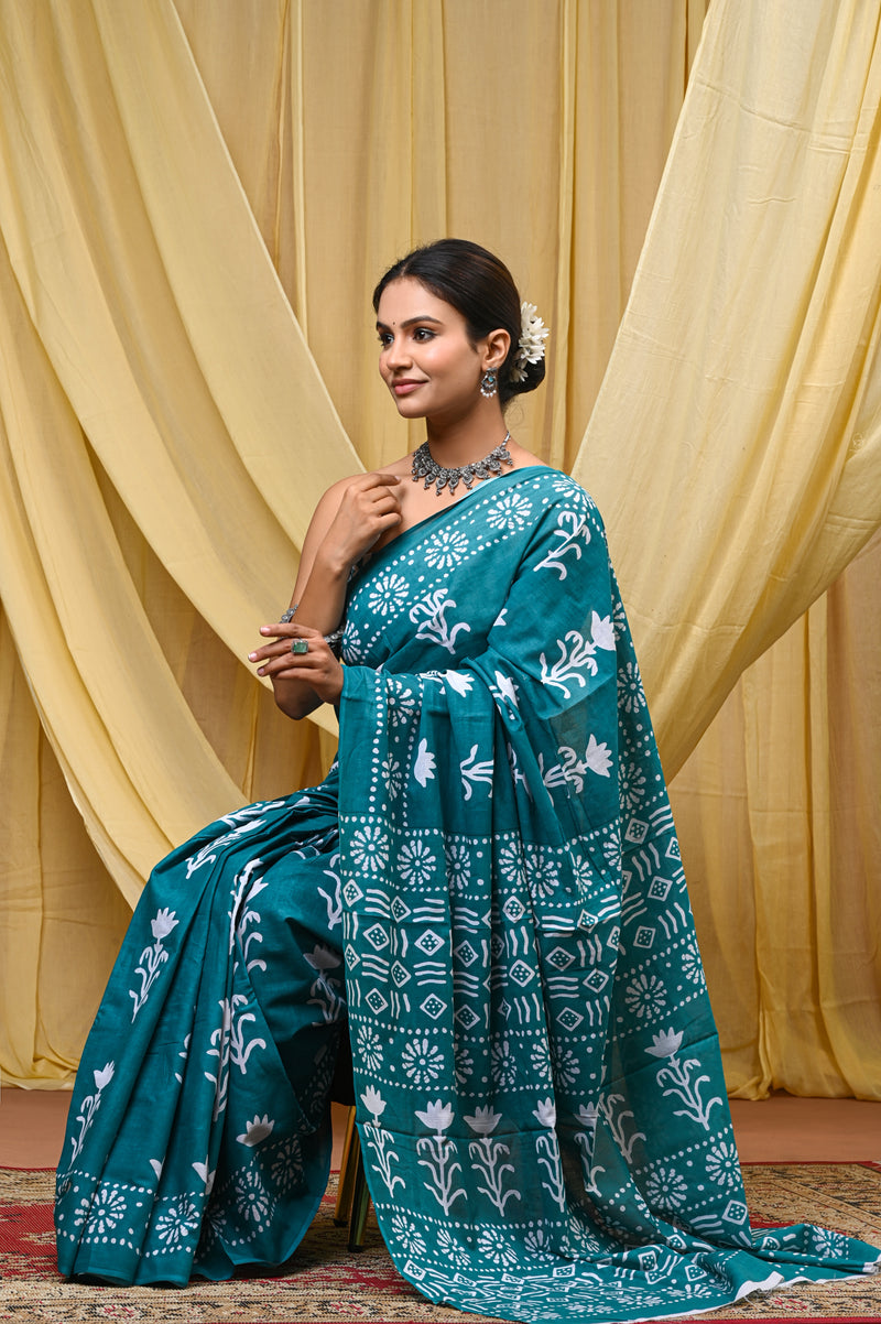 Women's Aqua Blue Floral Motif Pure Cotton Mulmul Saree - Front View
