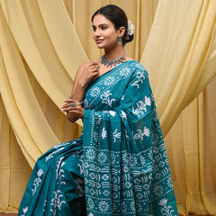 Women's Aqua Blue Floral Motif Pure Cotton Mulmul Saree - Front View