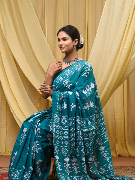 Women's Aqua Blue Floral Motif Pure Cotton Mulmul Saree - Front View