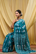 Women's Aqua Blue Floral Motif Pure Cotton Mulmul Saree