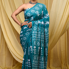 Women's Aqua Blue Floral Motif Pure Cotton Mulmul Saree - Side / Back View