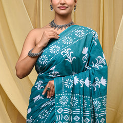 Women's Aqua Blue Floral Motif Pure Cotton Mulmul Saree - Detail View