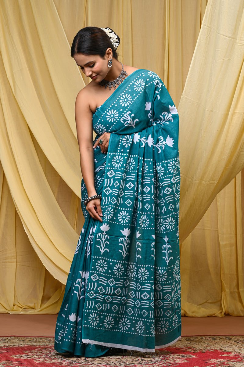 Women's Aqua Blue Floral Motif Pure Cotton Mulmul Saree - Drape View