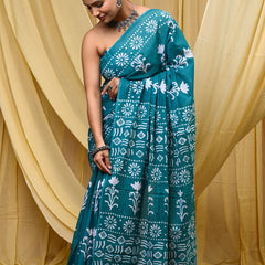 Women's Aqua Blue Floral Motif Pure Cotton Mulmul Saree - Drape View