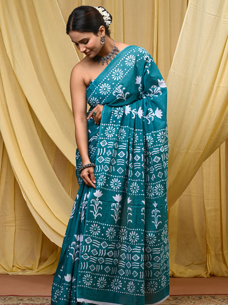 Women's Aqua Blue Floral Motif Pure Cotton Mulmul Saree - Drape View