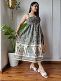 Women Teal Blue Cream Paisley Printed Smocked Cotton Midi Dress