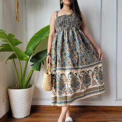 Women Teal Blue Cream Paisley Printed Smocked Cotton Midi Dress - Side / Back View