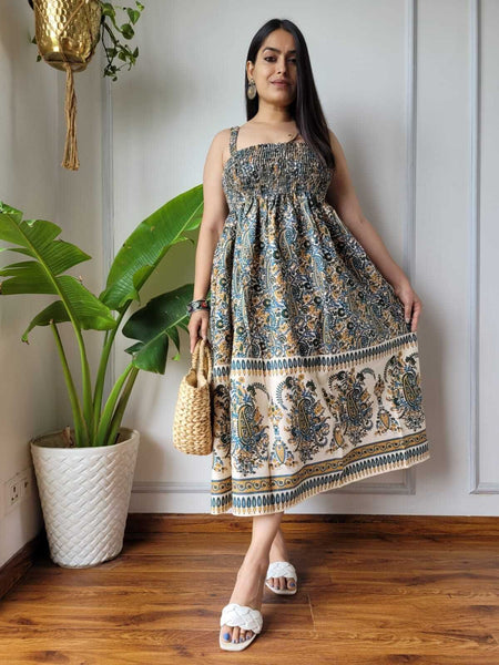 Women Teal Blue Cream Paisley Printed Smocked Cotton Midi Dress - Side / Back View