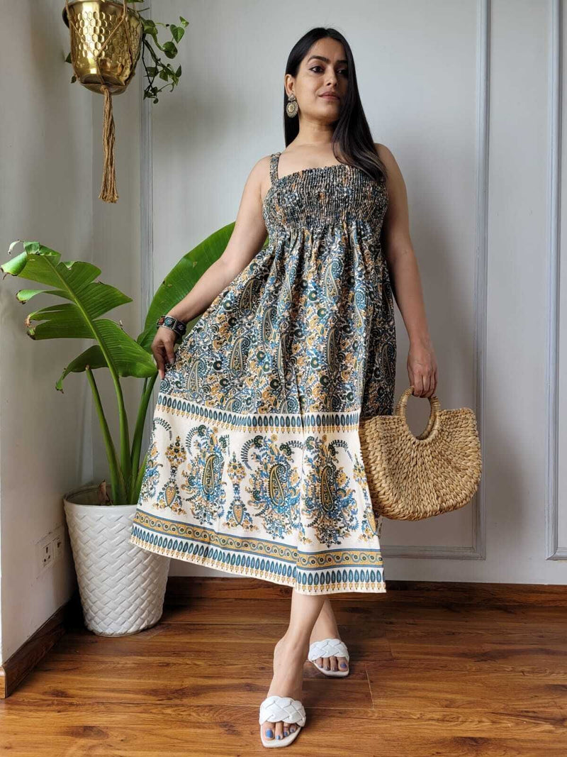 Women Teal Blue Cream Paisley Printed Smocked Cotton Midi Dress - Bodice & Fabric Detail View