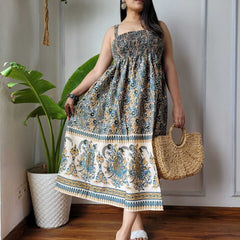 Women Teal Blue Cream Paisley Printed Smocked Cotton Midi Dress - Bodice & Fabric Detail View
