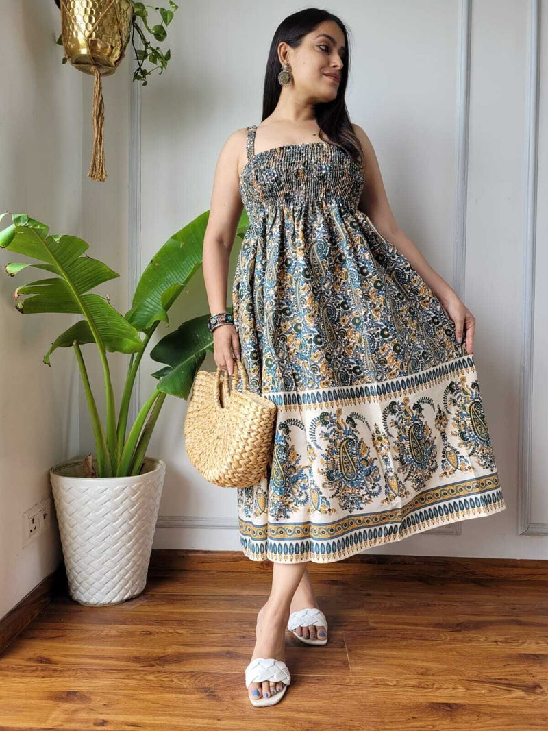 Women Teal Blue Cream Paisley Printed Smocked Cotton Midi Dress - Flowy Flare View
