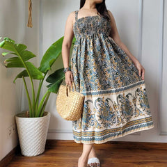 Women Teal Blue Cream Paisley Printed Smocked Cotton Midi Dress - Flowy Flare View