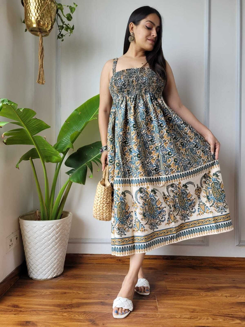 Women Teal Blue Cream Paisley Printed Smocked Cotton Midi Dress - Full Length View