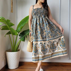 Women Teal Blue Cream Paisley Printed Smocked Cotton Midi Dress - Full Length View