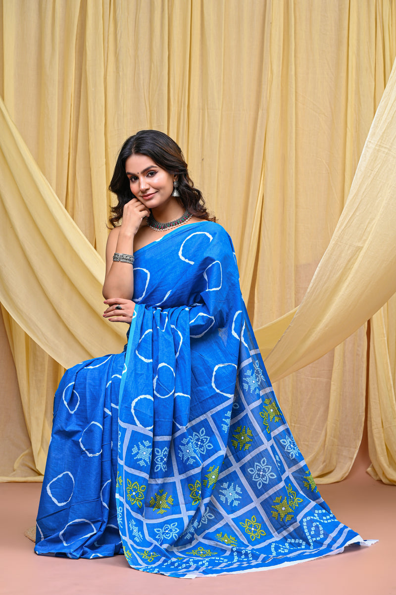 Women's Aqua Blue Gola Circular Motif Pure Cotton Mulmul Saree - Front View