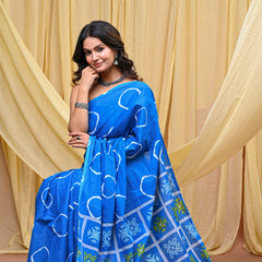 Women's Aqua Blue Gola Circular Motif Pure Cotton Mulmul Saree - Front View