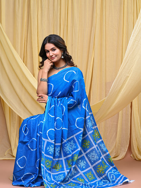 Women's Aqua Blue Gola Circular Motif Pure Cotton Mulmul Saree - Front View